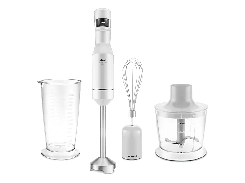 Batidora de mano - Ufesa Stellar 1500 Max, 1500W, Velocidad variable, 4 cuchillas, Pantalla Digital, Blanco/Inox