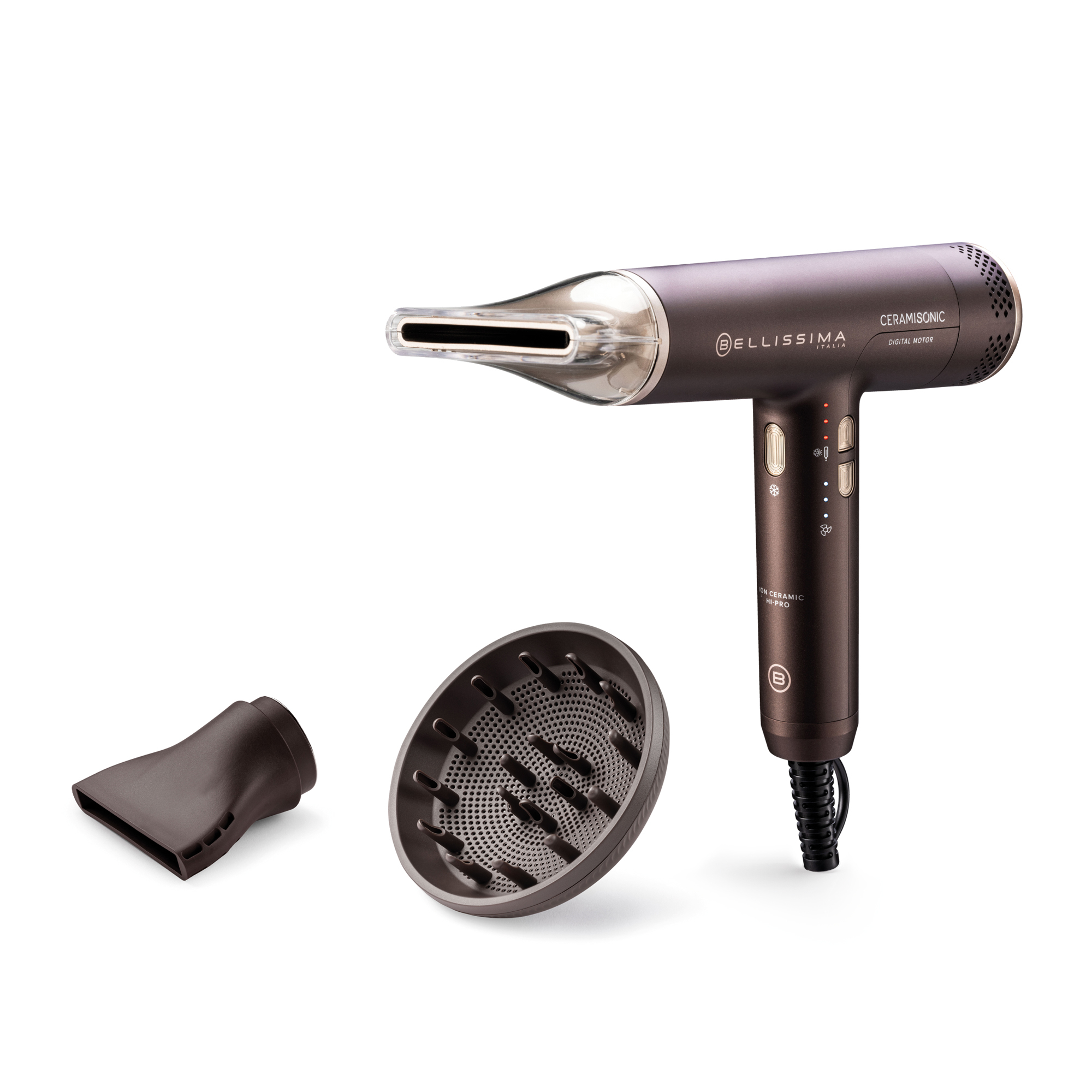 Secador - Bellissima Ceramisonic, 1700 W, 3 Niveles Temperatura, Ventilador, Difusor incluido, Tecnología Ion Ceramic, Deep Brown-Rose Nude