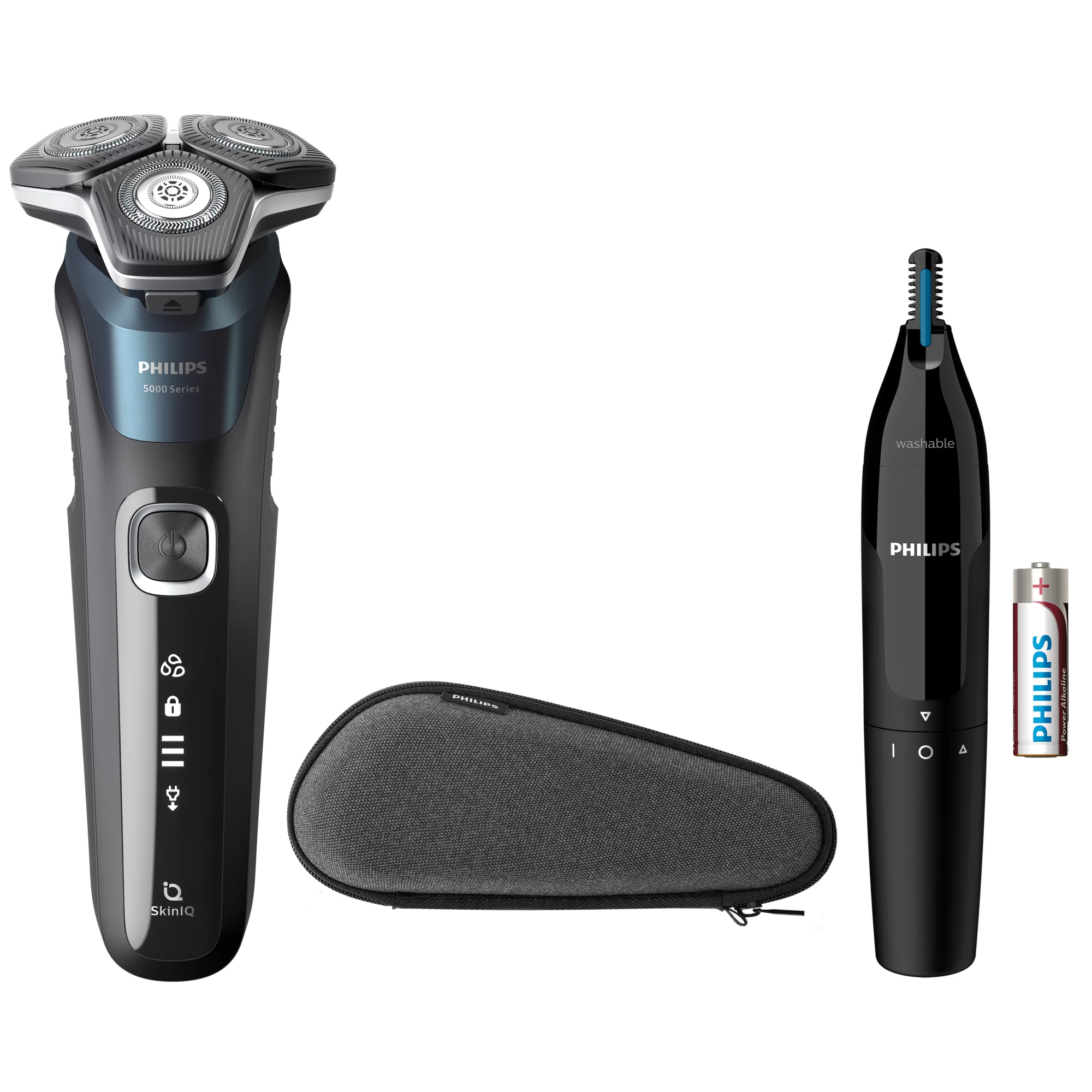 Afeitadora - Philips S5000 S5889/11 + Naricero, eléctrica, seco y mojado, Sensor de barba, Estuche viaje, Cortapatillas, Marrón