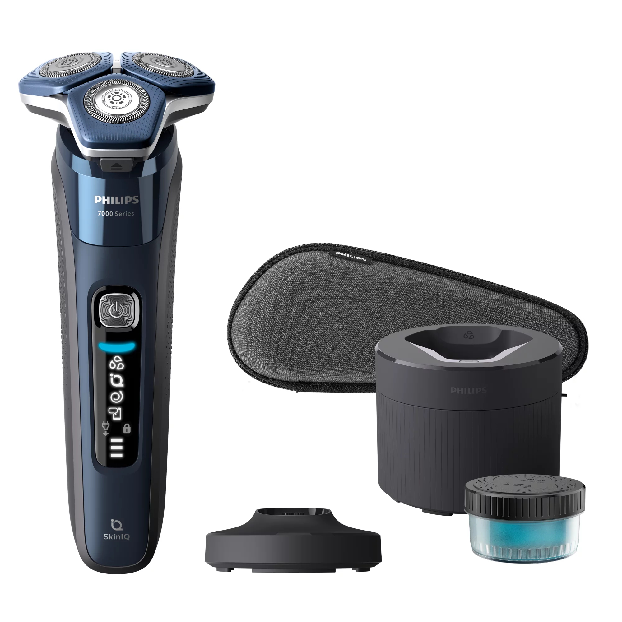 Afeitadora - Philips S7000 S7885/55, eléctrica, Seco y mojado, Base de limpieza, Conexión app, Soporte carga, Cortapatillas, Azul