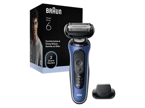 Afeitadora - Braun eléctrica Series 6 62-B1200S, 1 accesorio de precisión, 60 min autonomía, Afeitado en seco y mojado, Azul