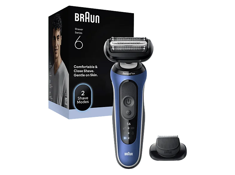 Afeitadora - Braun eléctrica Series 6 62-B1200S, 1 accesorio de precisión, 60 min autonomía, Afeitado en seco y mojado, Azul