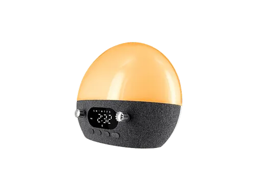 Radio despertador - muvit iO MIOLAMP006, Simula el Amanecer, Sonidos de Atardecer y Ruido Blanco, FM, Altavoz Bluetooth, Gris