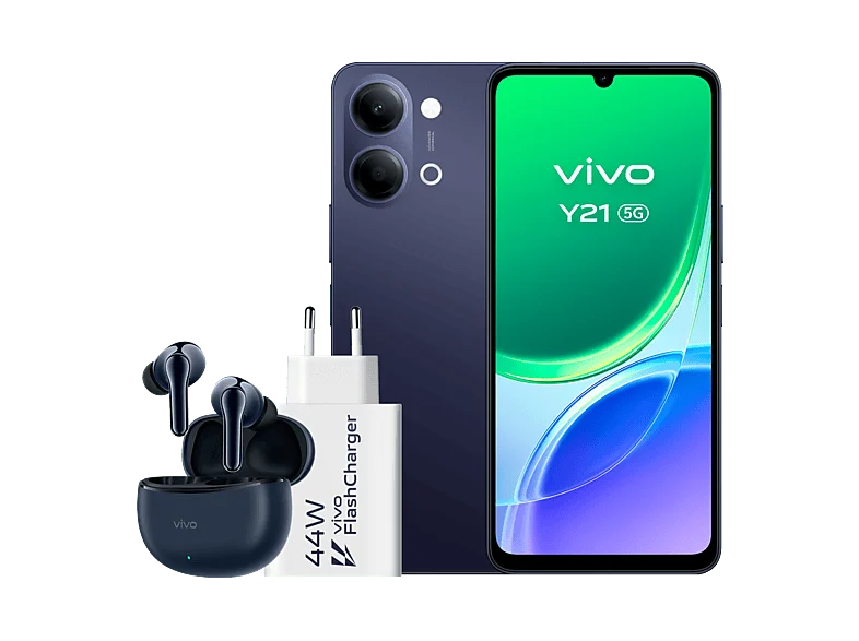 vivo Y21 5G, Voyage Black, 256GB, 4GB RAM, 6.74" 1200 nits, MediaTek Dimensity 6300, 6500mAh + Auriculares TWS 3e Cargador FlashCharger 44W