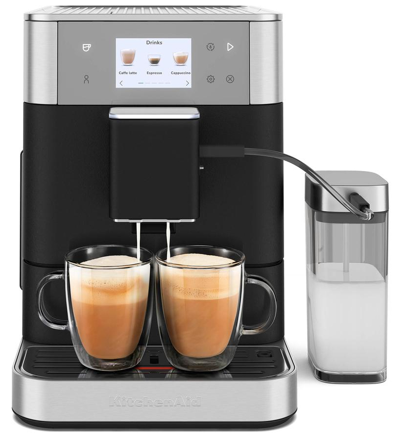 Cafetera express - KitchenAid 5KES8557EBK, 15 bar, 1450W, Depósito 2.2L, 2 Tazas, Espumador de Leche Automático, Plata/Negro