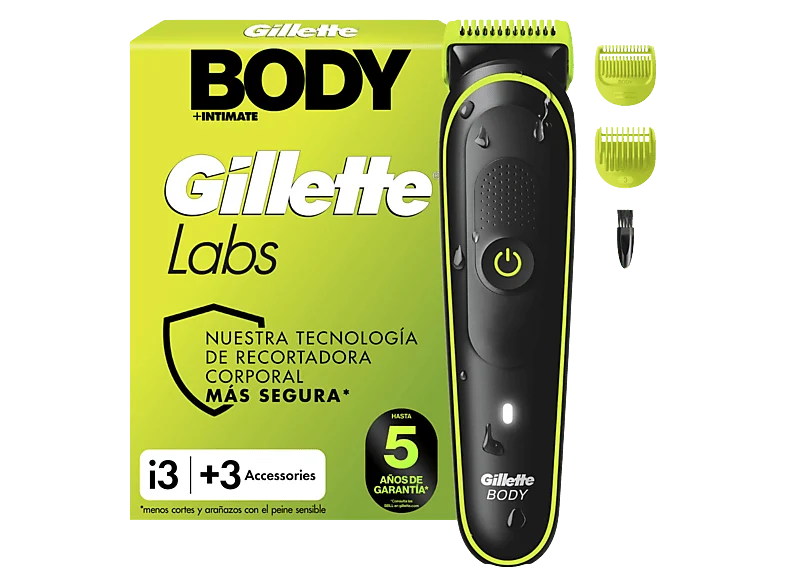 Afeitadora corporal - Gillette Labs i3 Body + Intimate, Recortadora para hombres, Tecnología Skinfirst, Wet&Dry, 2 peines
