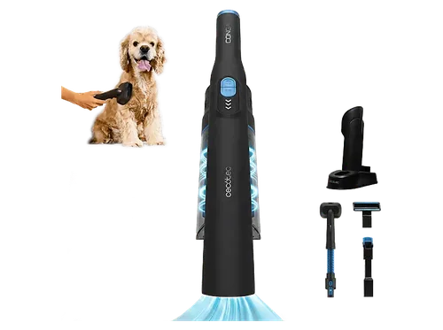 Aspirador de mano - Cecotec Conga Rockstar Micro+ Animal, 200 W, 20 kPa, 40 min, 2en1, Especial mascotas, Accesorio tapicería, Base carga, Titanium