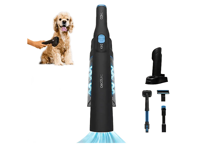 Aspirador de mano - Cecotec Conga Rockstar Micro+ Animal, 200 W, 20 kPa, 40 min, 2en1, Especial mascotas, Accesorio tapicería, Base carga, Titanium