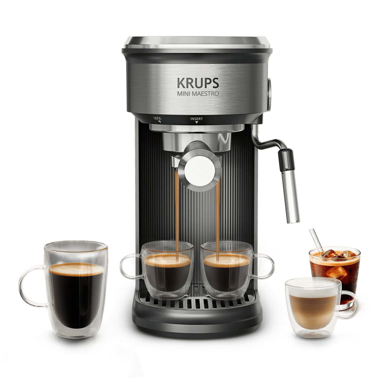 Cafetera express - Krups Mini Maestro XP350D, Ultra compacta, 20 bar, Espumador de leche, 6 recetas calientes y frías, Panel digital, 1350 W, Inox