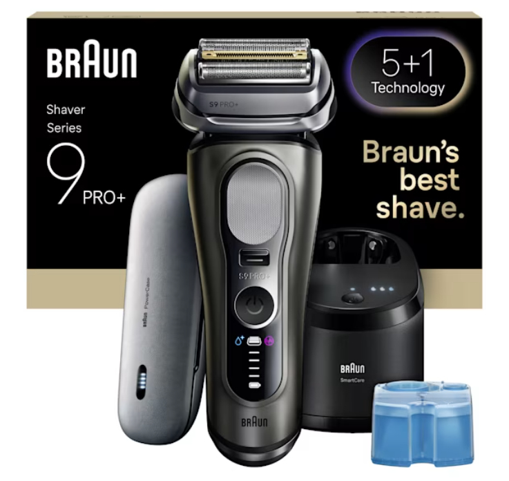 Afeitadora - Braun Series 9 PRO+ Eléctrica 9675CC, Pro SensoAdapt, Powercase, Centro de limpieza SmartCare, 60 min autonomía, Gris grafito