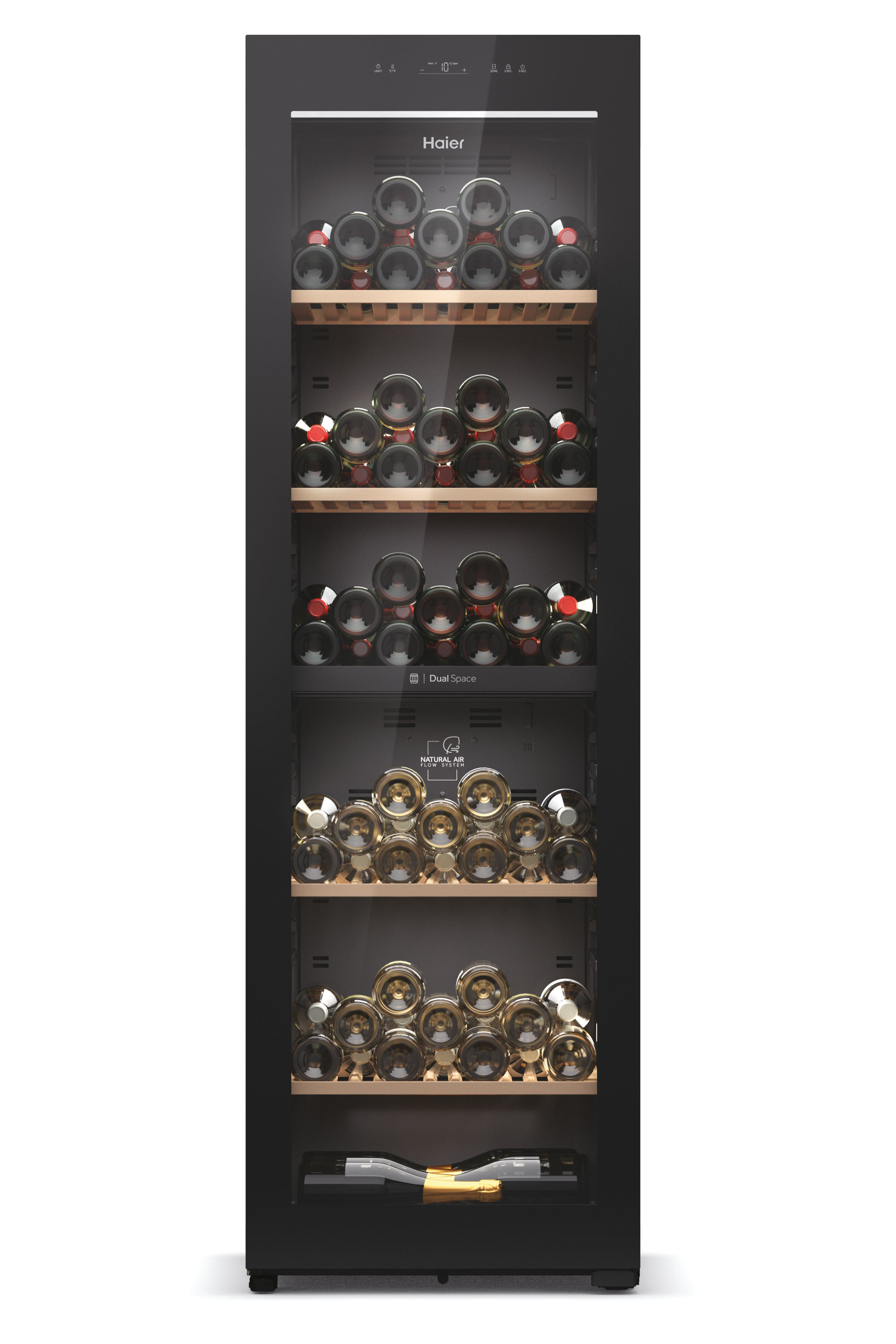 Vinoteca - Haier HWS236GDEH1, Natural Air Flow System, Temperatura 5º 20º, 236 botellas, Doble Zona, Iluminación LED 3D, Wi-Fi , Negro