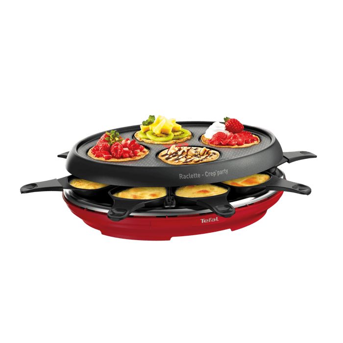 Tefal Raclette y Crep'party 2 en 1, 1050W, Revestimiento Antiadherente, Placa Apta Para Lavavajillas, 8 Bandejas