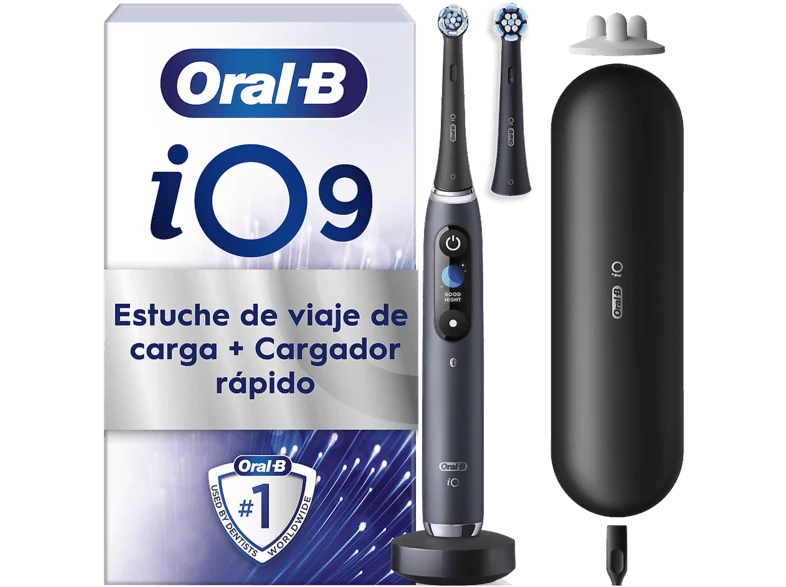 Cepillo eléctrico - Oral-B iO 9S, Seguimiento 3D con app, Sensor de Presión, Estuche Carga, Diseñado Por Braun, Negro