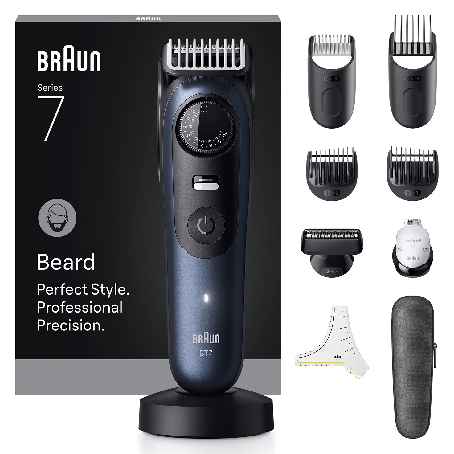 Barbero - Braun Series 7 BT7540, 10 accesorios para barba, 40 ajustes de longitud, Bloqueo precisión, Lámina ProBlade, Wet&Dry, Azul