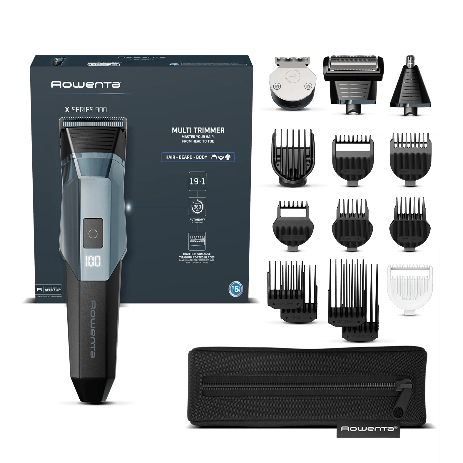 Cortapelos - Rowenta TN9710, Recortadora Multigroom 16 en 1, Cuchillas con revestimiento de Titanio, 360 min, 7 peines para pelo, Motor 8000 rpm Azul