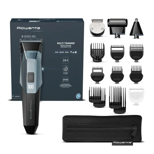 Cortapelos - Rowenta TN9710, Recortadora Multigroom 16 en 1, Cuchillas con revestimiento de Titanio, 360 min, 7 peines para pelo, Motor 8000 rpm Azul