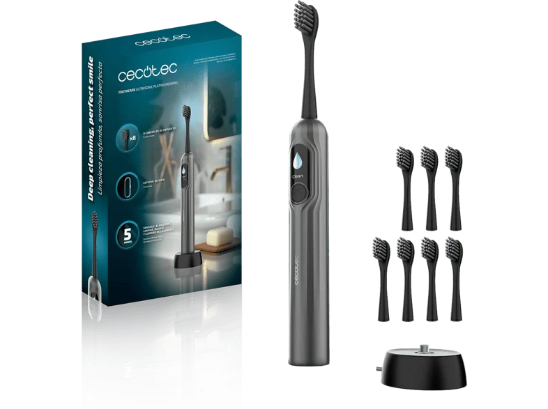 Cepillo eléctrico - Cecotec ToothCare UltraSonic PlatiniumSwing, DualClean, Hasta 50.000 rpm, 5 modos, Pantalla, 8 cabezales y estuche, Negro