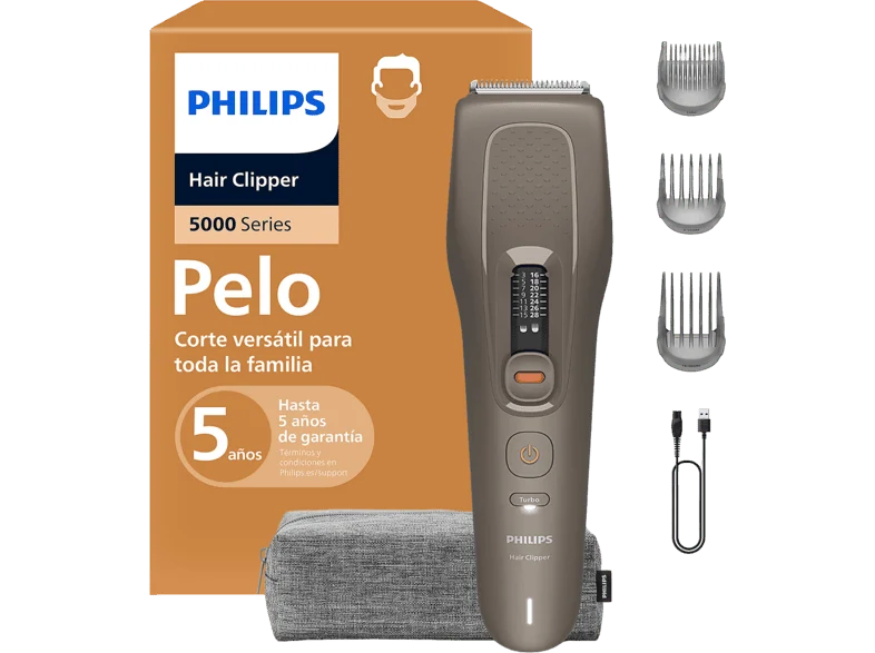 Cortapelos - Philips Series 5000 HC5735/15, 16 Longitudes, 90 min, Cuchillas de Acero Autoafilables, PowerAdapt, Modo Turbo, Moreno Intermedio