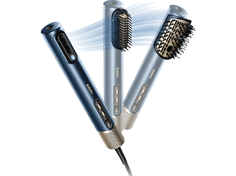Secador - BaByliss Air Wand, Alisador y Styler, De cabello mojado a peinado perfecto, Con aire, 1600W, 123 km/h, 4 temperaturas, 3 velocidades, Azul
