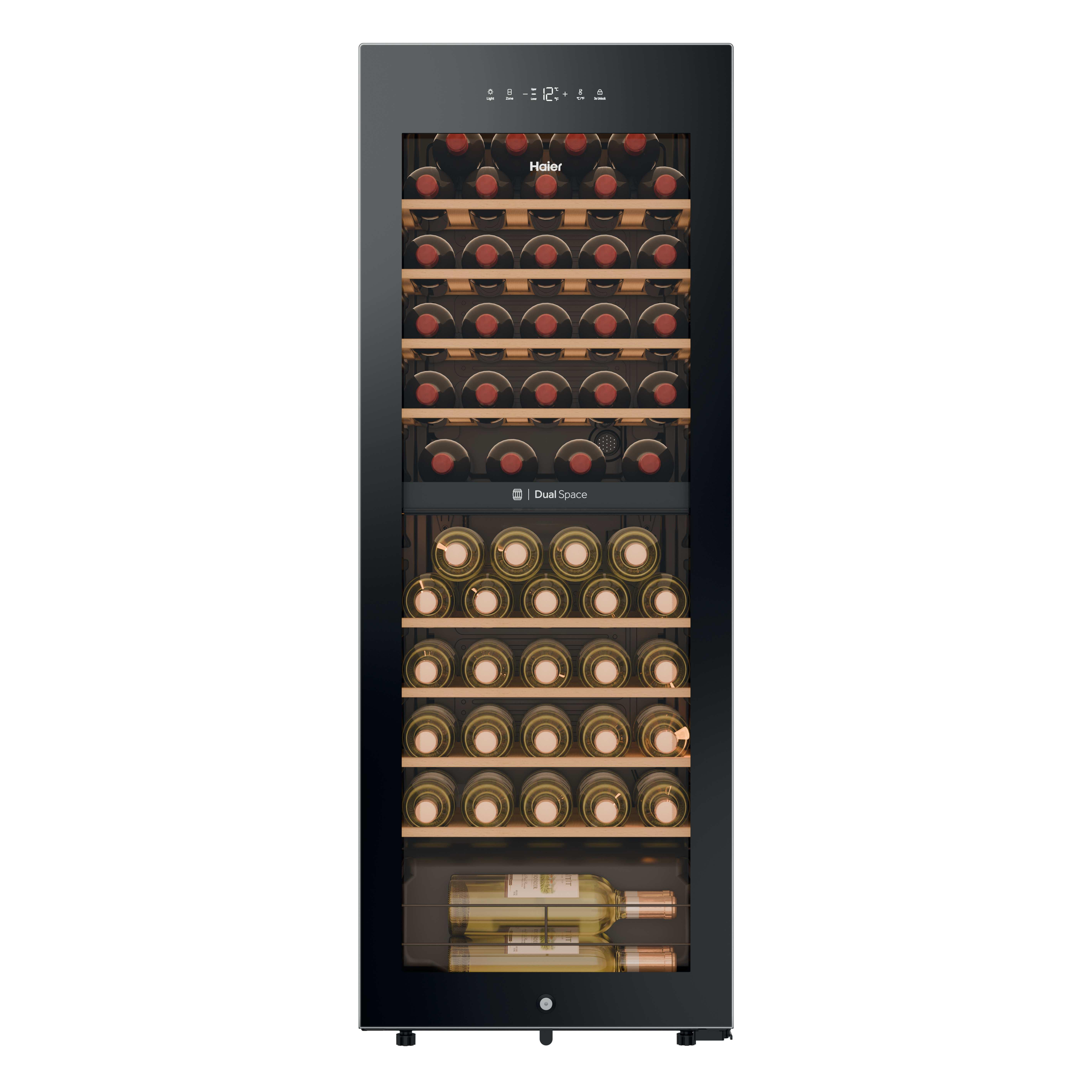 Vinoteca - Haier HWS56GDG, 56 botellas, 2 zonas temperatura, Doble Zona, Negro