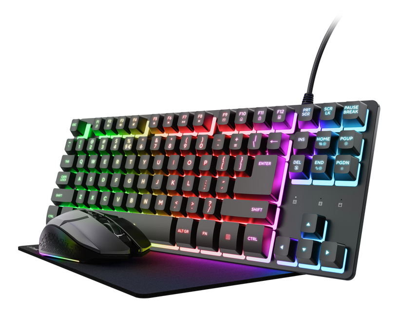 Pack gaming - Trust GXT 794 3-in-1 Gaming, Teclado + Ratón Alfombrilla, Teclas iluminadas, Negro