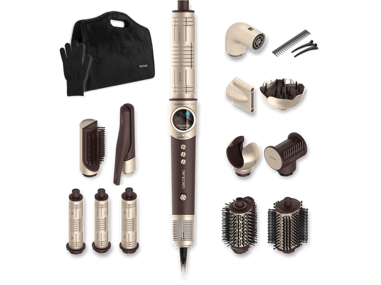Moldeador - Cecotec AirGlisse 17in1 Champagne Ice, 1400 W, Motor Brushless de 110.000 rpm, Pantalla digital y función Plasma,