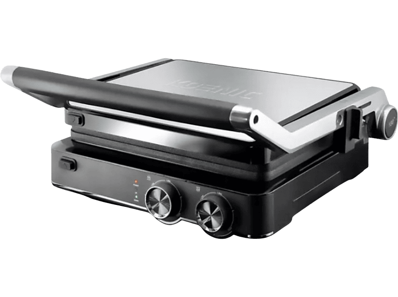 Grill - KOENIC KCG 2020, 2000 W, Termostato regulable, Apagado automático, Antiadherente, Placas extraíbles, Negro/Plata