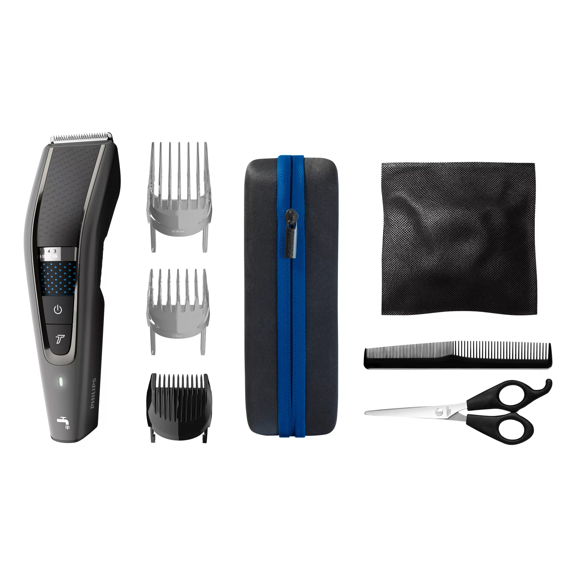 Cortapelos - Philips S5000 HC7650/15, 28 longitudes, 90 min autonomía, 3 cabezales, 2 para pelo y 1 barba, kit barbero, sensor Poweradapt, Gris