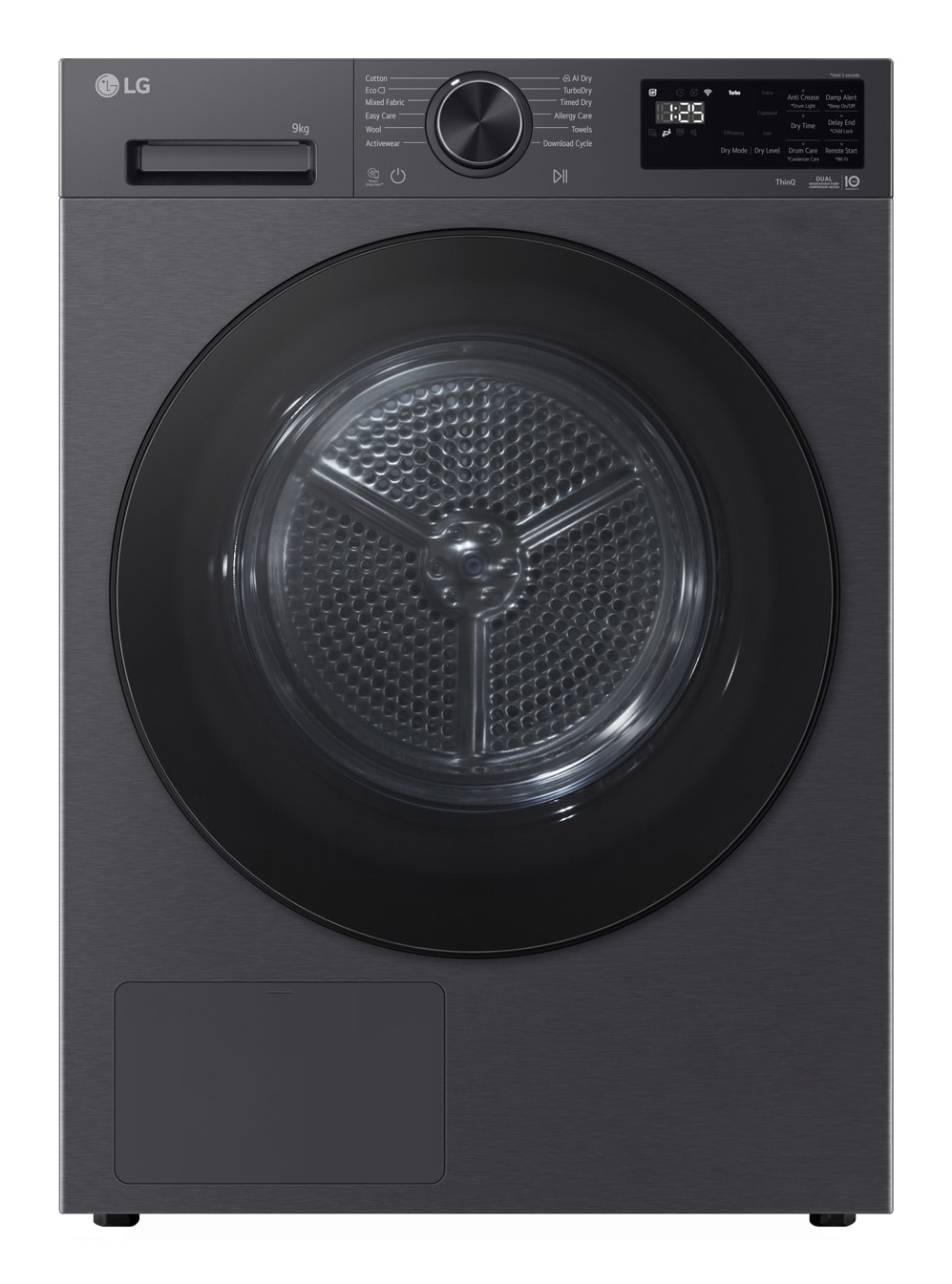 Secadora bomba de calor - LG RHX5009TBB, 9 kg, 12 programas, AI DUAL Inverter™, ThinQ™, Acero Grafito Mate Antihuellas