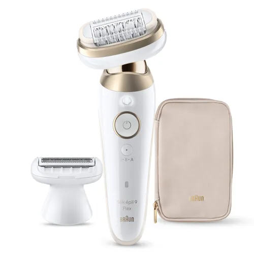 Depiladora - Braun Silk·épil 9 Flex 9-030 3D, En seco y en mojado, Cabezal flexible Piel suave duradera, 2 accesorios adicionales, Oro