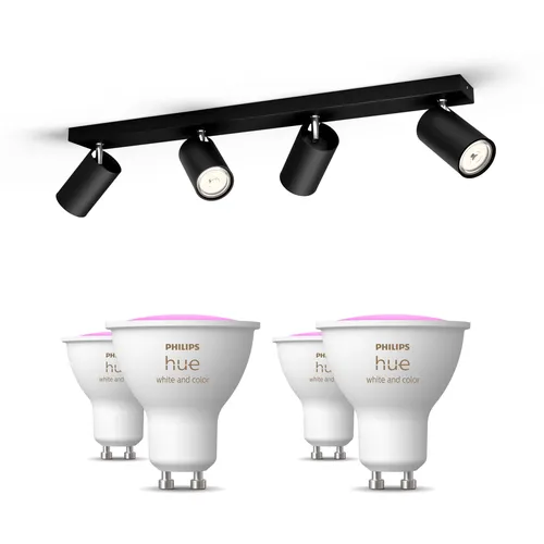 Philips Hue Pack: X4 Focos Philips Kosipo (negro) + 4 Bombillas Gu10 Rgb