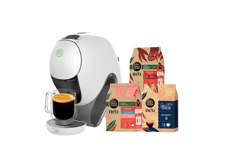 Cafetera de cápsulas - Krups Nescafé® Dolce Gusto® Neo, 3 packs compostables, SmartBrew, Reconocimiento automatico bebidas, Blanco