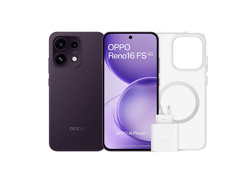 OPPO Bundle Reno16 FS, Púrpura Negro, 512 GB, 8 GB RAM, 6.57" AMOLED, Mediatek Dimensity 7300, 6500 mAh, Incluye Funda y Cargador