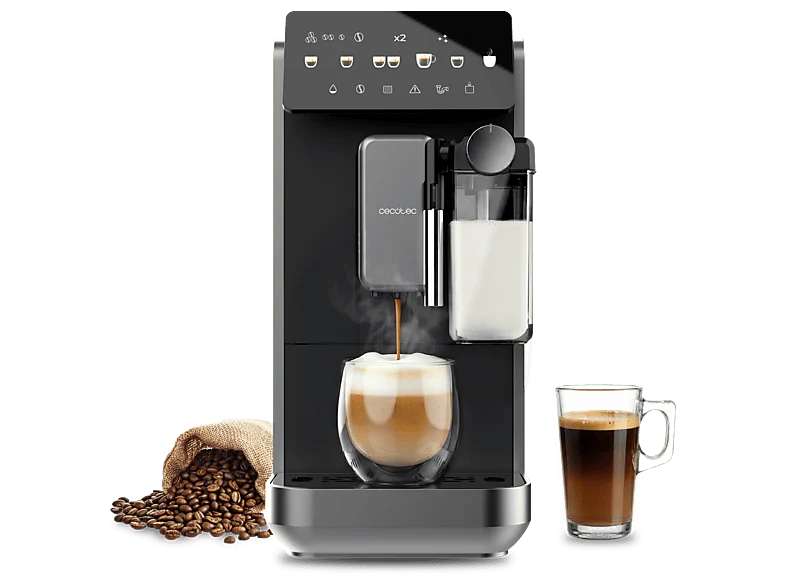 Cafetera superautomática - Cecotec Cremmaet Lungo Latte, Depósito de leche, 19 bares, 7 bebidas, Molinillo Acero inoxidable, depósito 2 L, Negro