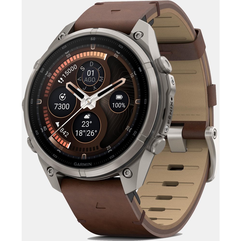 Garmin - Reloj Smartwach Fénix 9 Pro – Inreach, 47 Mm Garmin Caja De Titanio Con Correa De Cuero Marrón + Correa De Silicona Gris.