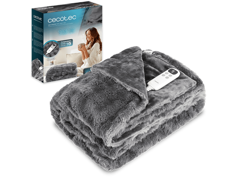 Manta eléctrica - Cecotec HeatConfort Noa Elite (180 x 130), 115 W, 10 niveles de temperatura, Temporizador y apagado automático, Gris