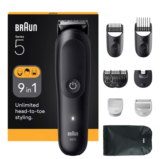 Afeitadora multifunción - Braun Todo En Uno Series 5 AIO5540, Kit De Styling 9 en 1, Lámina Afilada, 14 Longitudes, Barba, Pelo y Cuerpo, Negro
