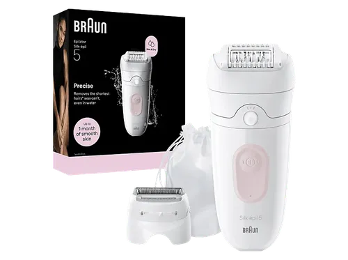 Depiladora - Braun Silk·épil 5 5-030, Piel suave duradera, Tecnología Microgrip con 28 pinzas, Wet&Dry, Blanco/Rosa