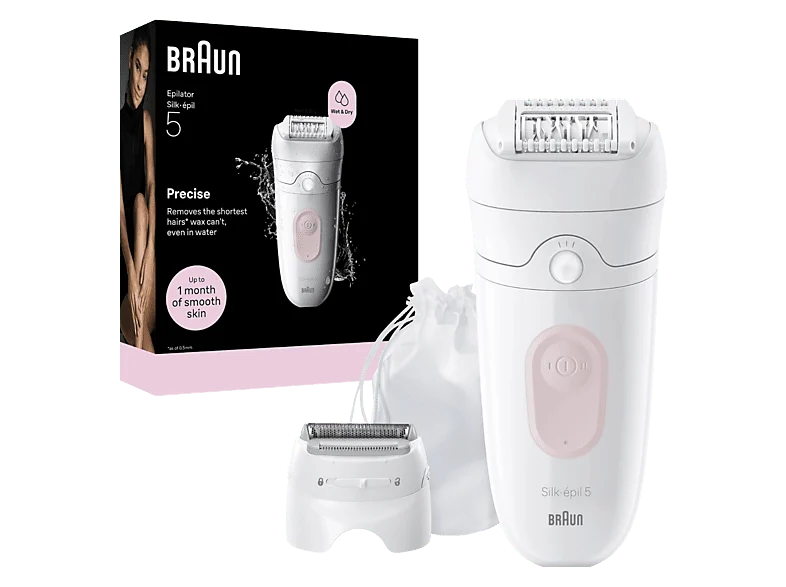 Depiladora - Braun Silk·épil 5 5-030, Piel suave duradera, Tecnología Microgrip con 28 pinzas, Wet&Dry, Blanco/Rosa