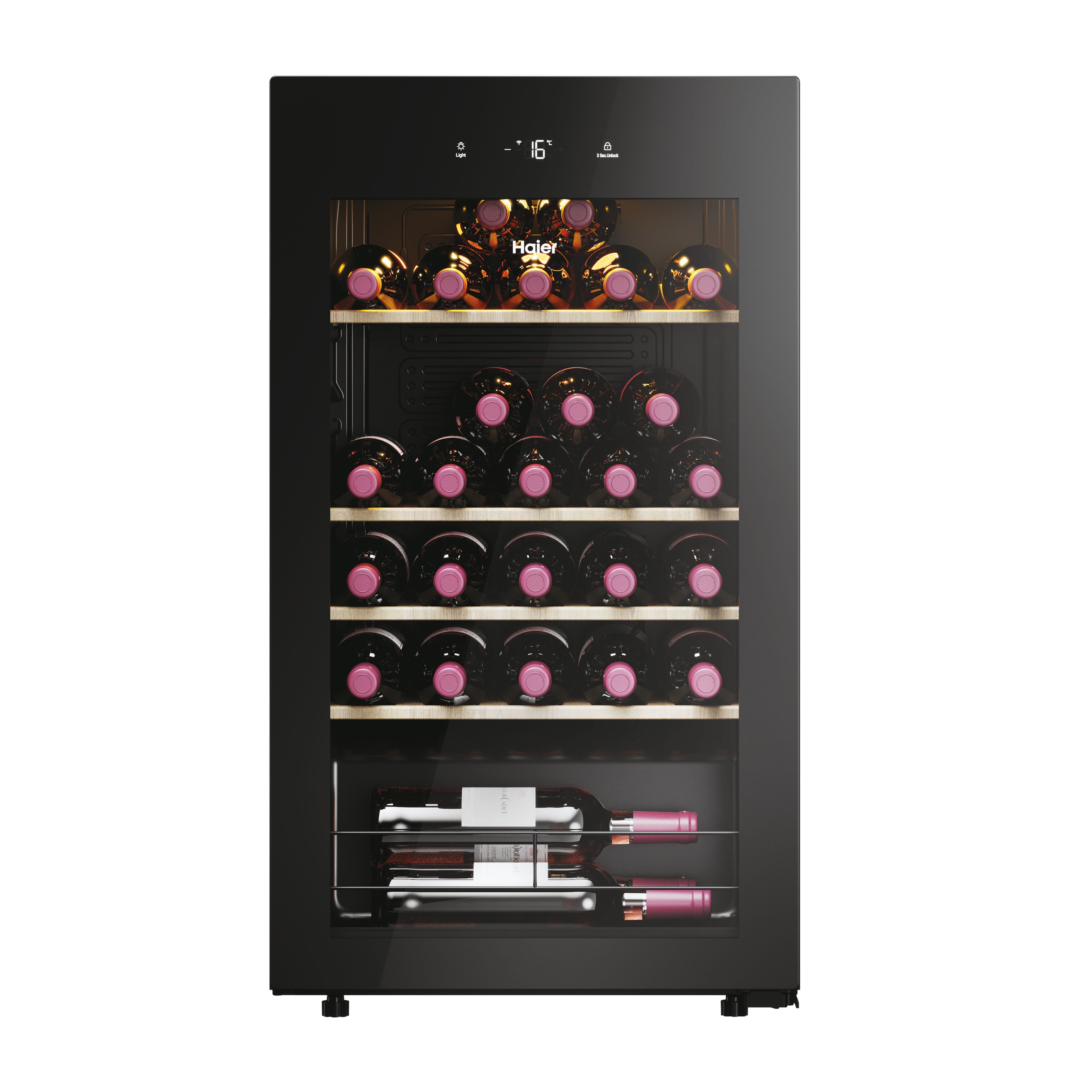 Vinoteca - Haier HWS34GGH1, 47.5 cm, 90 l, 34 botellas, 5-20 Cº, hOn App, Negro