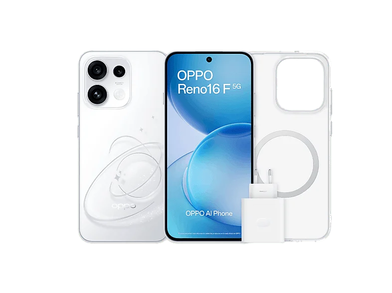 OPPO Bundle Reno16 F, Blanco, 256 GB, 8 GB RAM, 6.57" AMOLED, Mediatek Dimensity 7300, 6500 mAh, Incluye Funda y Cargador
