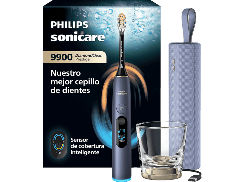 Cepillo eléctrico - Philips Sonicare DiamondClean 9900 Prestige HX9813/98, SenseIQ, 20x más placa, 8 modos, Vaso cargador, Estuche de viaje, Azul